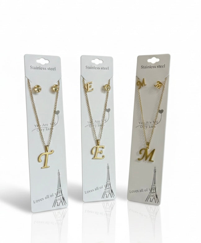 Fashion Stainless Steel Alphabet Initial Necklace 26 English Letter Earrings Necklace For Women Set Personalize Jewelry Gift