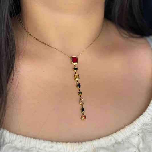 Rainbow Gemstone Drop Necklace – Stainless Steel