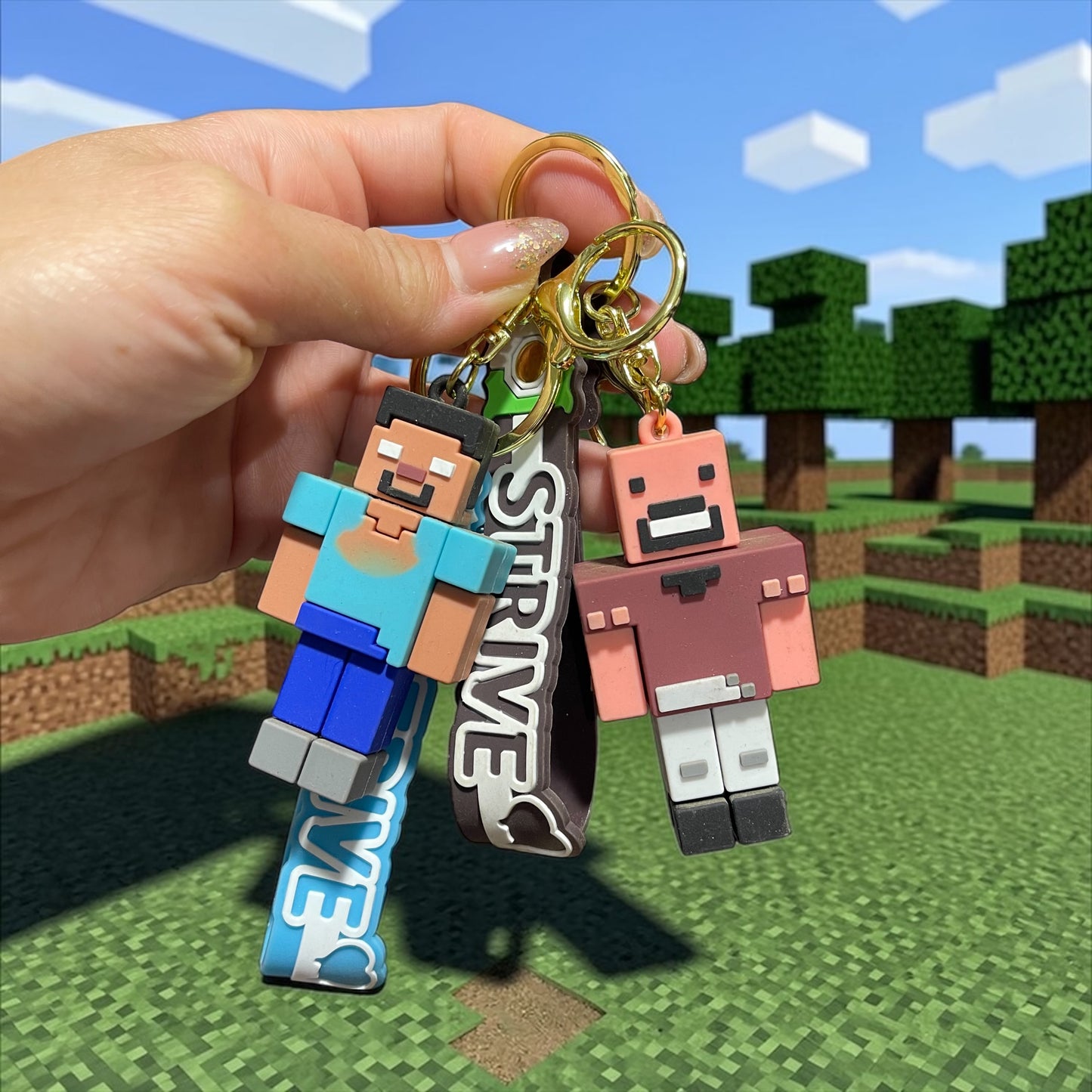 Minecraft Silicone Keychain – Steve & Villager Character Key with STRIVE Tag | Cute Gamer Bag Charm