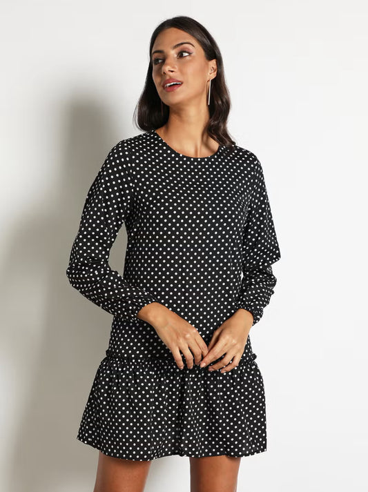 Aila Women's Dot Print Long Sleeve Falbala Bottom Hem Mini Dress Black - S