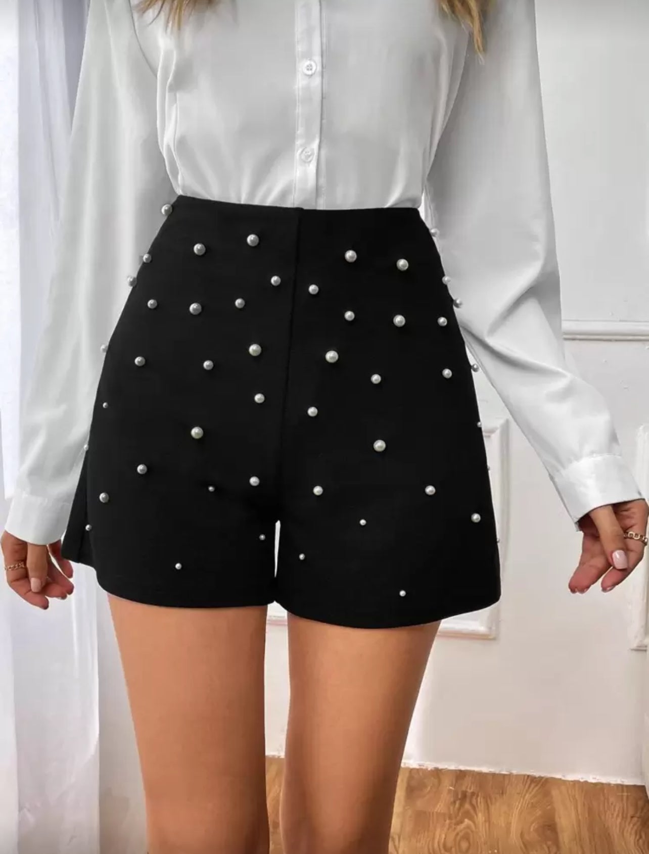 Firerie Pearls Beaded High Waist Black Shorts - Medium