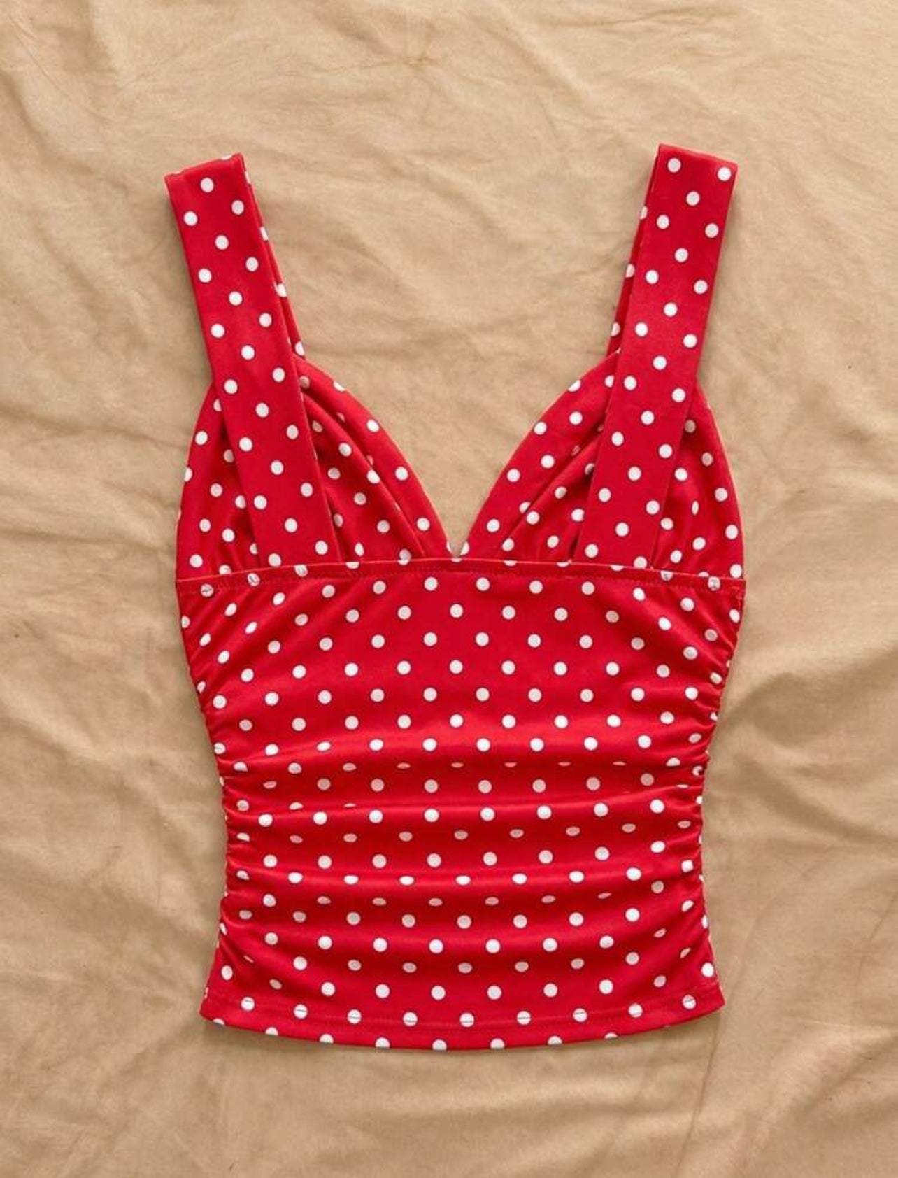 Soleia Women's Elegant Red And White Polka Dot Slim Fit Camisole,Summmer Retro Vintage 70s Twist Strap Ruched Knit Top,Vacation Boho Beach Cruise Outfit - S,M