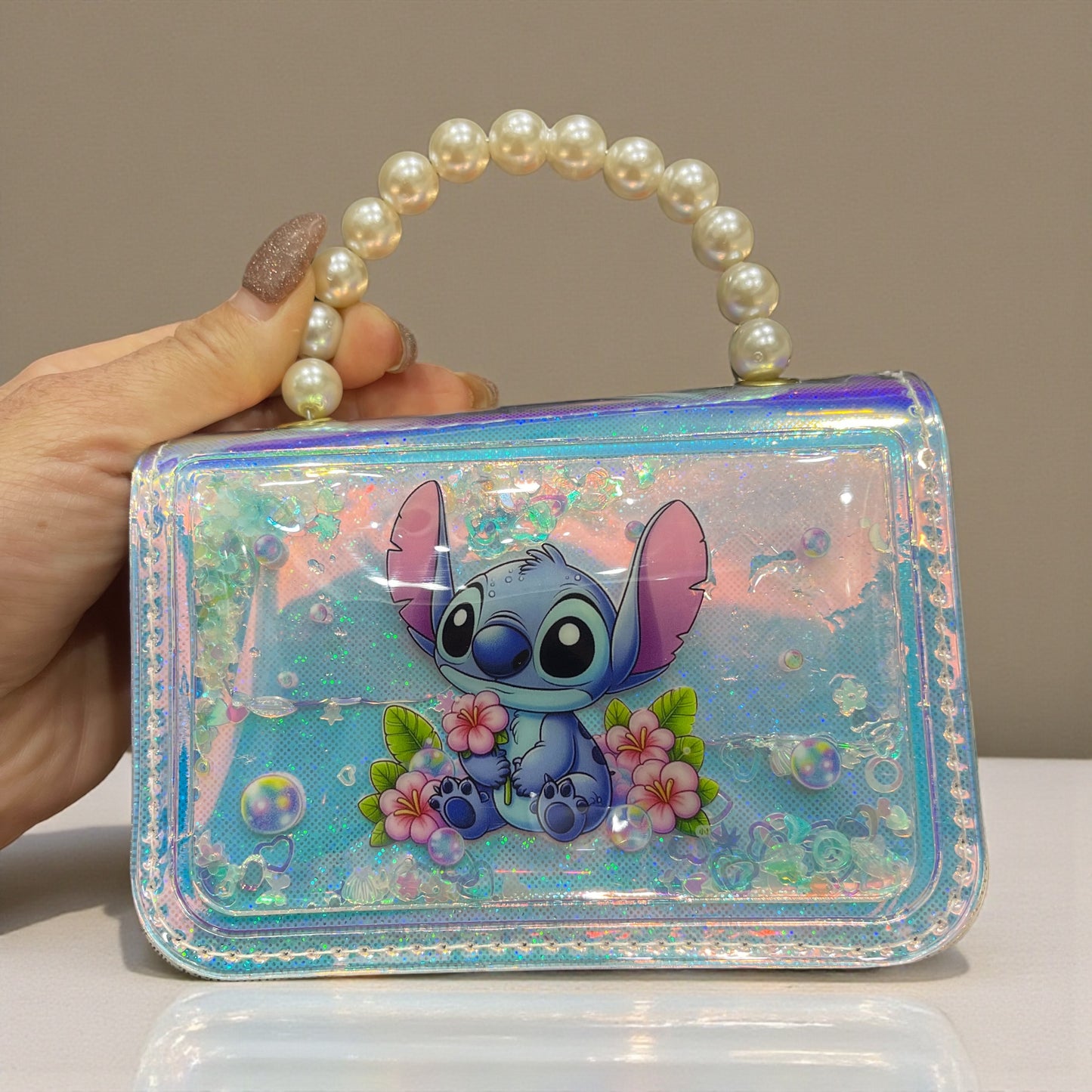 Holographic Glitter Kids Handbag with Pearl Handle – Cute Stitch & Angel Cartoon Design
