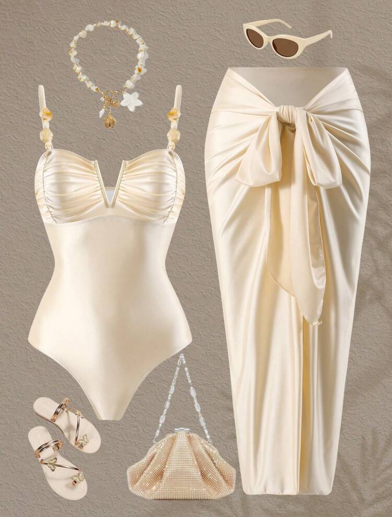 Swim Oasis 2026 New Women's Summer Beach Vacation High-End Beaded V-Neck Pleated Strapless Backless Solid Color Apricot Round High-Cut One-Piece Swimsuit With Long Skirt Side Tie - Large
