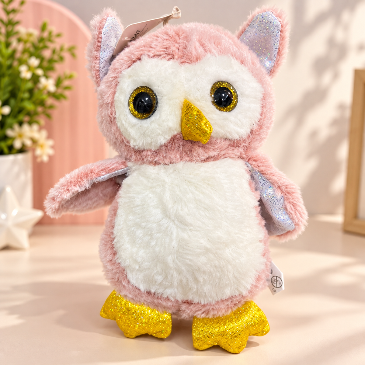 Pink Plush Owl Soft Toy with Glittery Gold Details – 27 × 15 cm