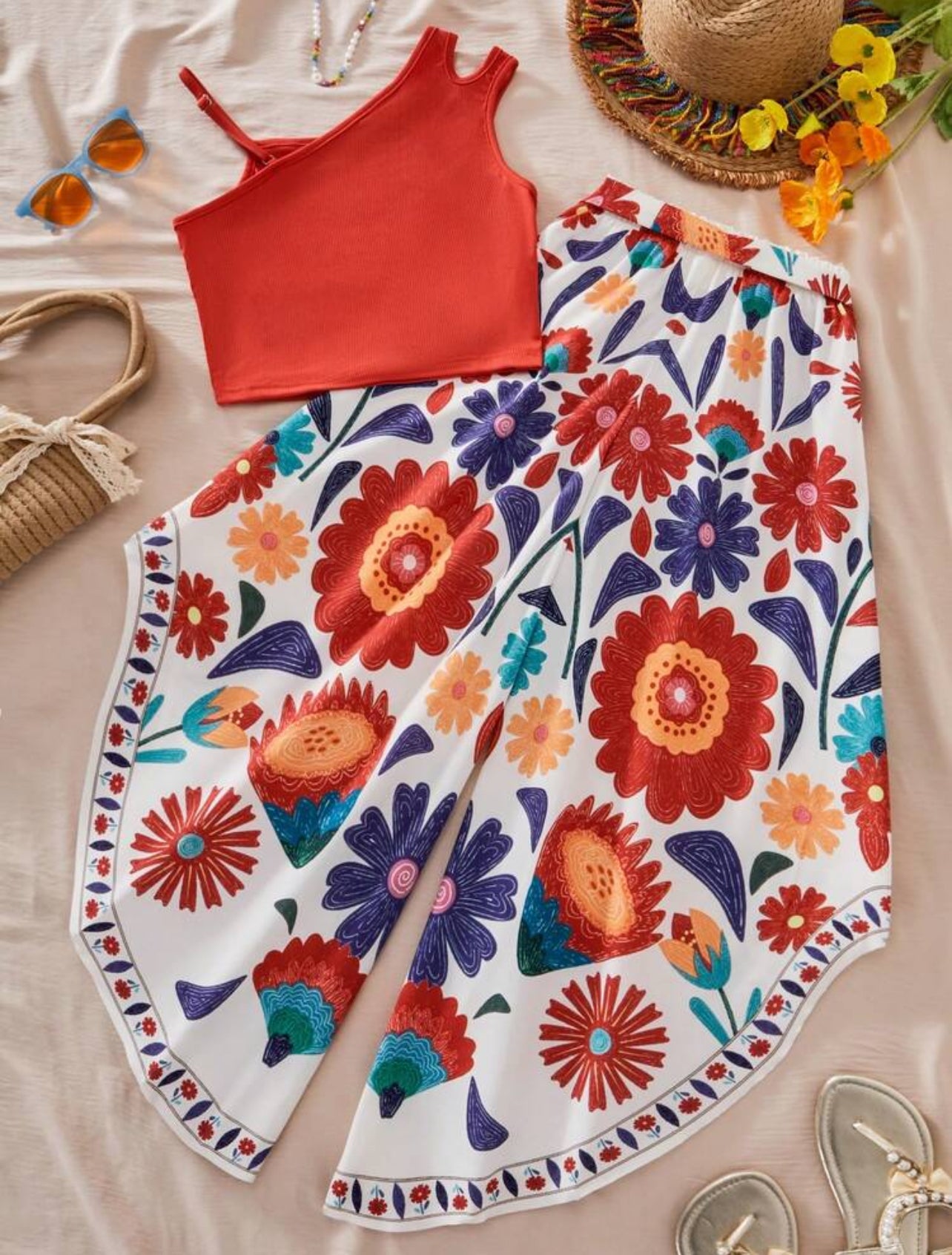 Tween Girls 2pcs/Set Casual Daily Outfit,Solid Color Asymmetric Top & Floral Printed Pants,White Summer Tropical Vacation Holiday Two Piece Set - 9,10 Years
