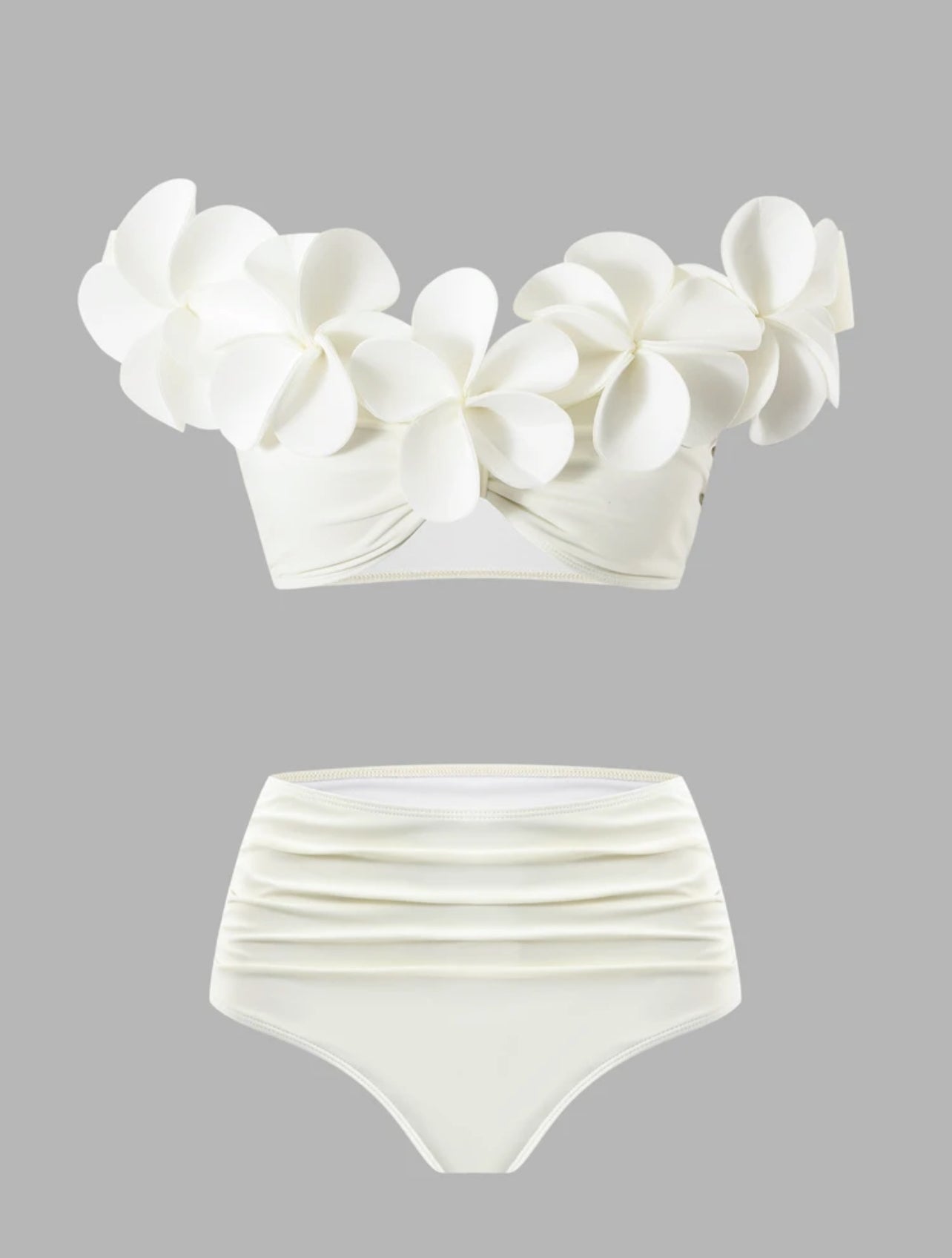 Bonvoyette Women's Summer Beach Vacation 3D Floral Decor One-Shoulder Bikini Set, Elegant White Three Pieces Swimwear Set