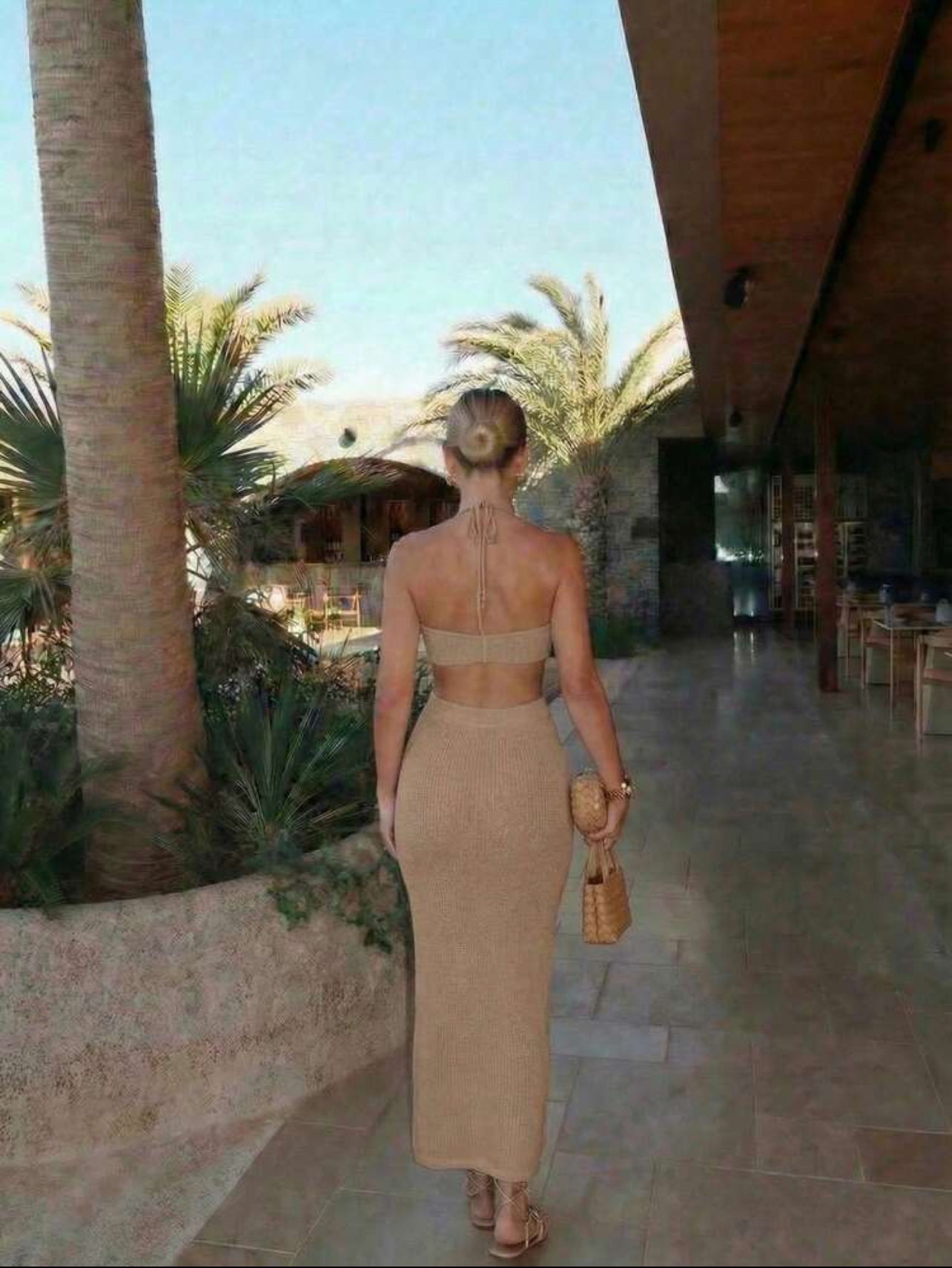 FOR BEAUTY Summer Women's Bohemian Glitter Sequin Coffee-Tone Halter Dress, Sleeveless Bandeau Backless Cami Dress,Beach Vacation Dress,Summer Dress - M