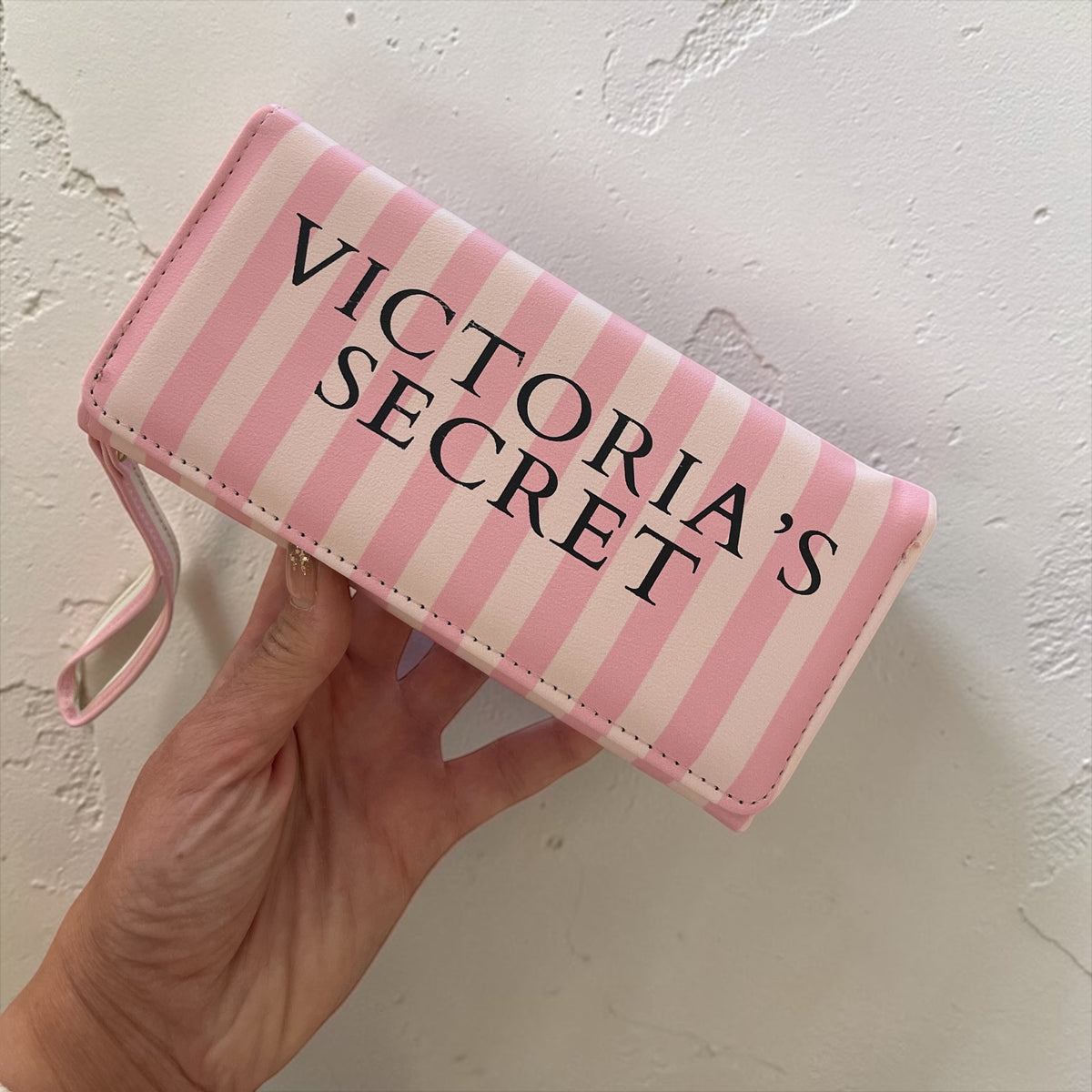 Victoria’s Secret Style Striped Long Wallet with Zipper & Wrist Strap