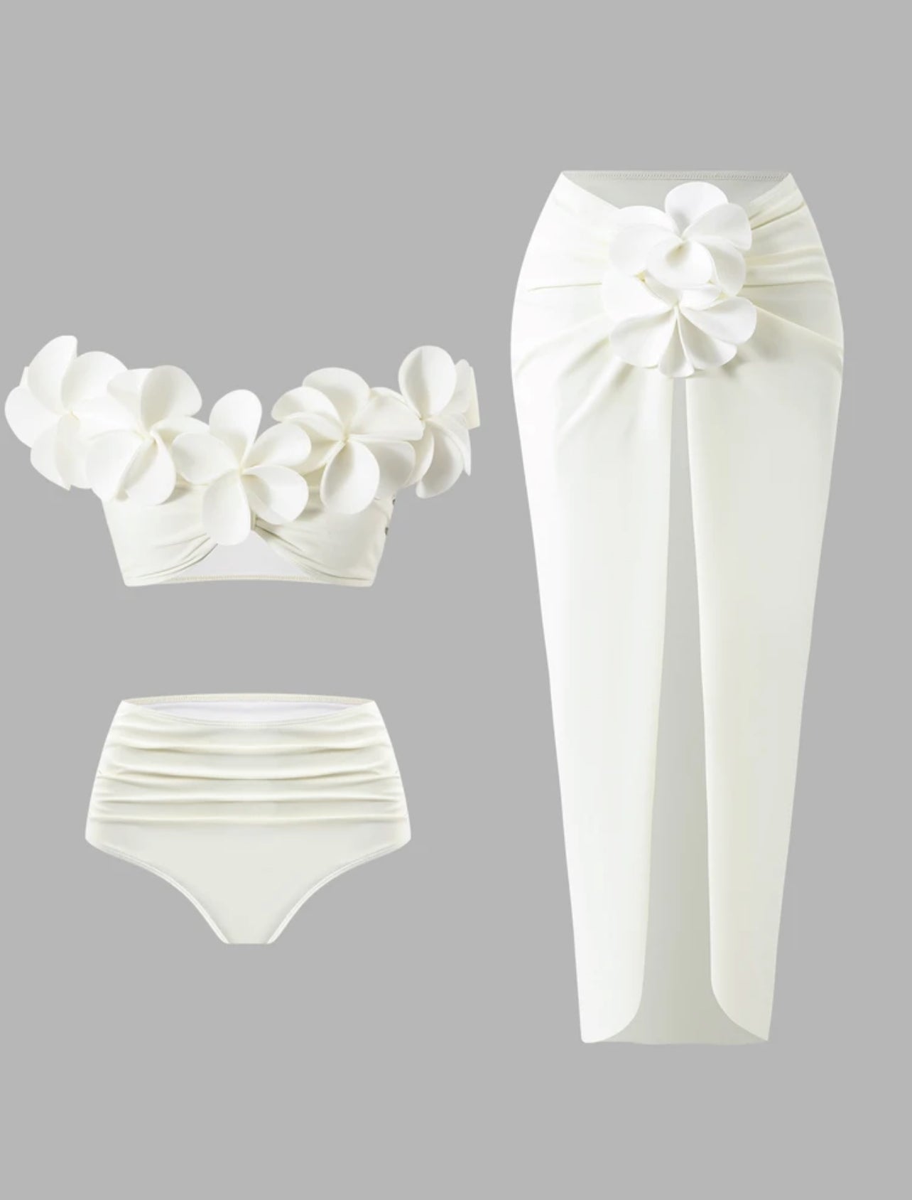 Bonvoyette Women's Summer Beach Vacation 3D Floral Decor One-Shoulder Bikini Set, Elegant White Three Pieces Swimwear Set