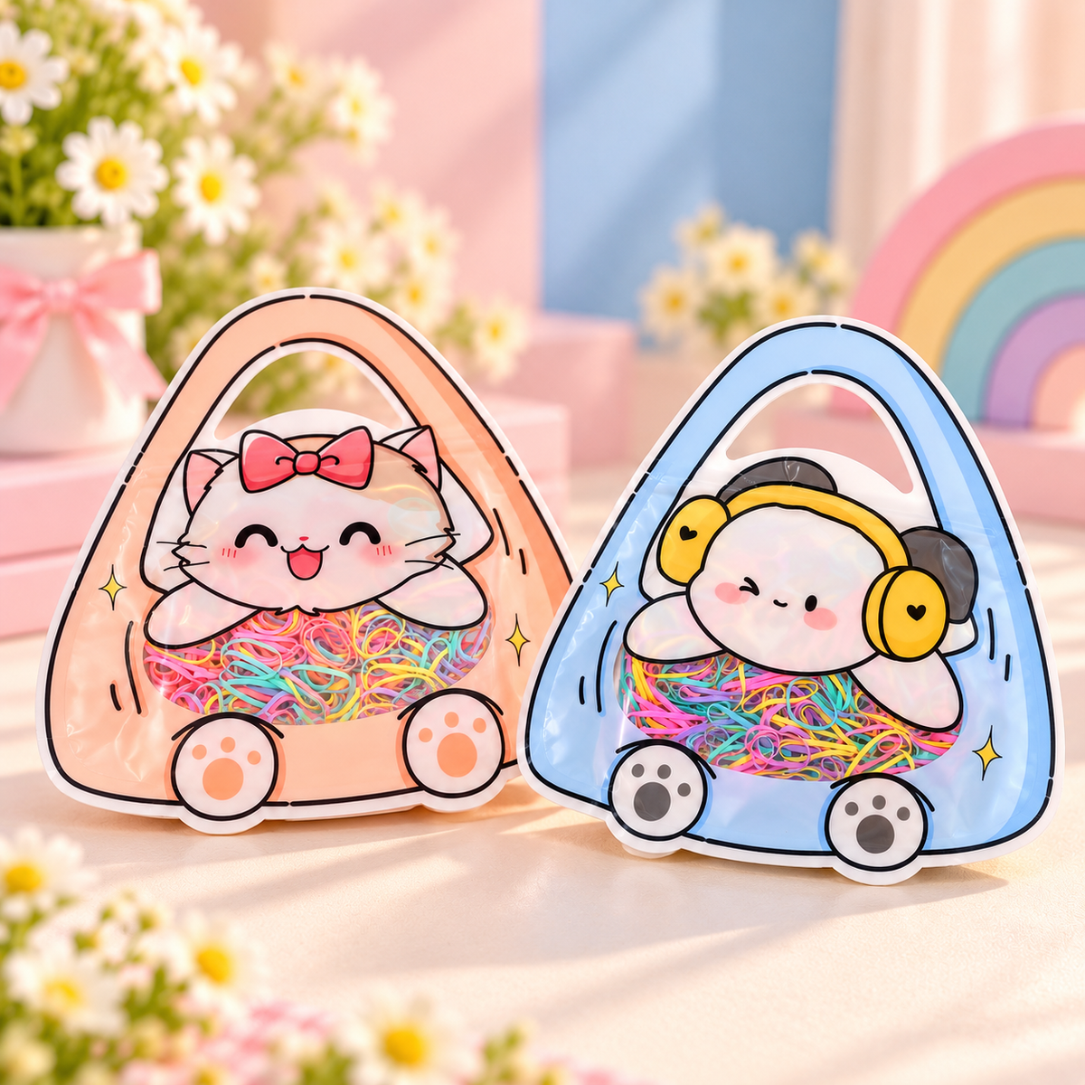 Cute Kawaii Hair Accessories Pouch with Disposable Elastic Hair Ties – Cat & Headphone Designs