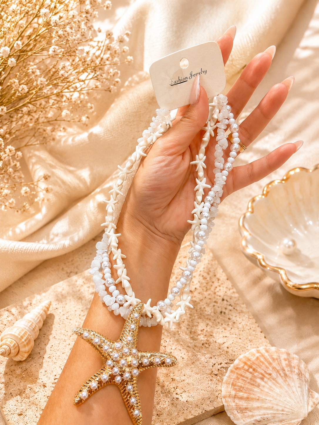 Pearl & Shell Starfish Layered Necklace – Beach-Inspired Statement Jewelry