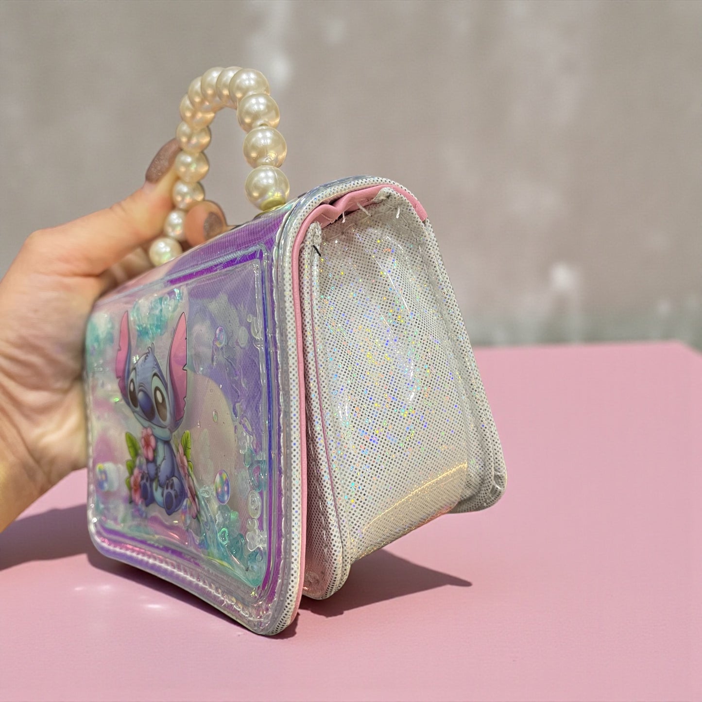 Holographic Glitter Kids Handbag with Pearl Handle – Cute Stitch & Angel Cartoon Design