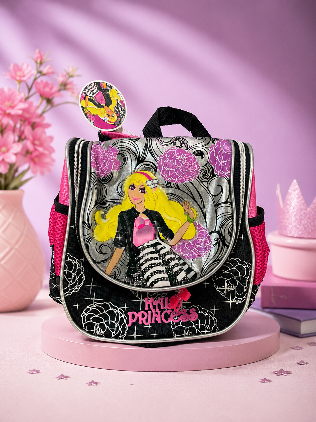 Girls’ Princess Backpack – Pink & Black Floral Design