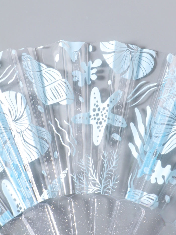 Folding plastic fan "Seashells and corals", blue, glitter, 23 cm