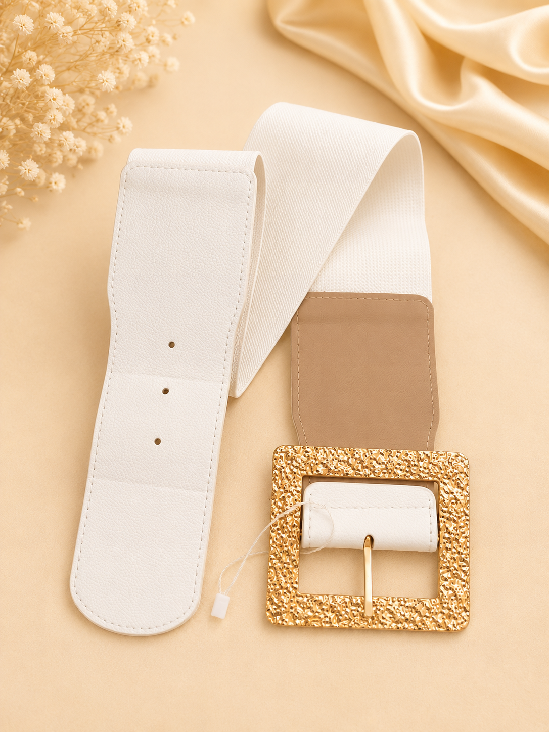 Wide White Elastic Waist Belt with Textured Gold Buckle