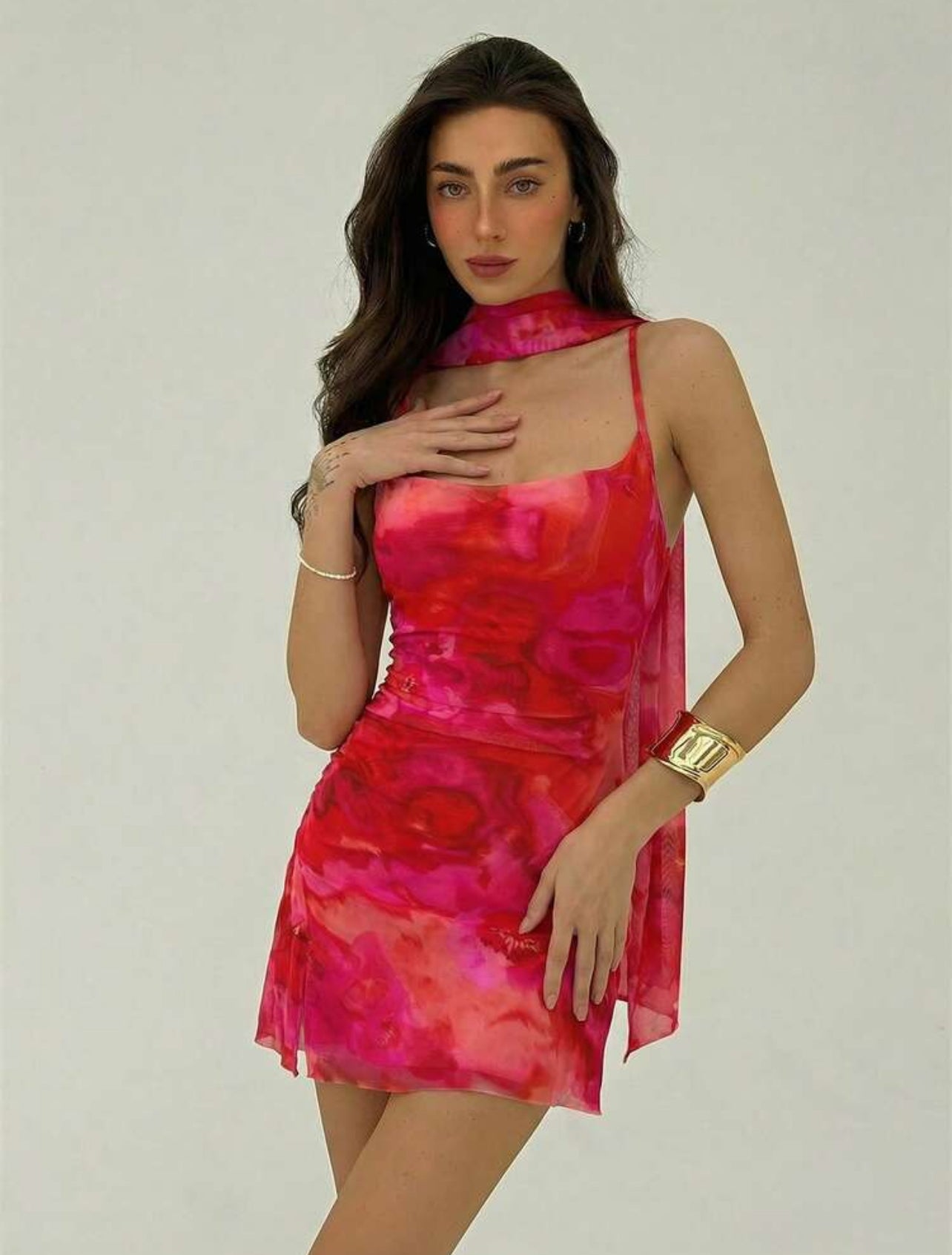 Aloruh New Romantic Tie Neck Bodycon High Slit Asymmetrical Hem Tie Dye Floral Mini Dress, Suitable For Dates, Vacation, Spring/Summer ,Summer Dress - S,M