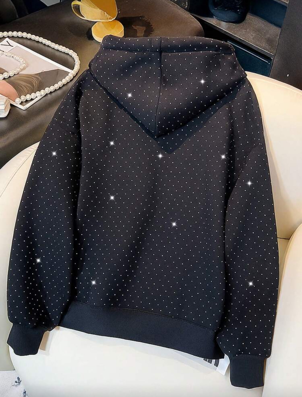 Resyla Sparkly Rhinestone Embellished Women's Regular Hooded Long Sleeve Sweatshirt, Autumn/Winter - Medium