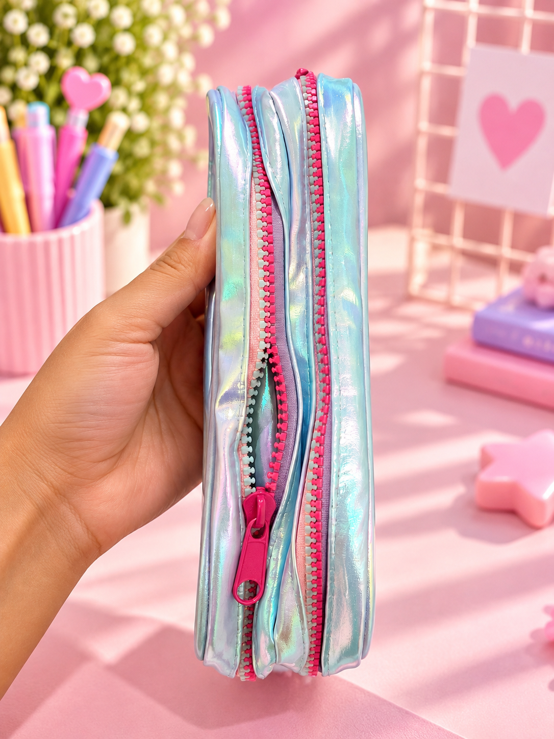 Holographic Double-Zip Pencil Case – Iridescent Pink & Blue