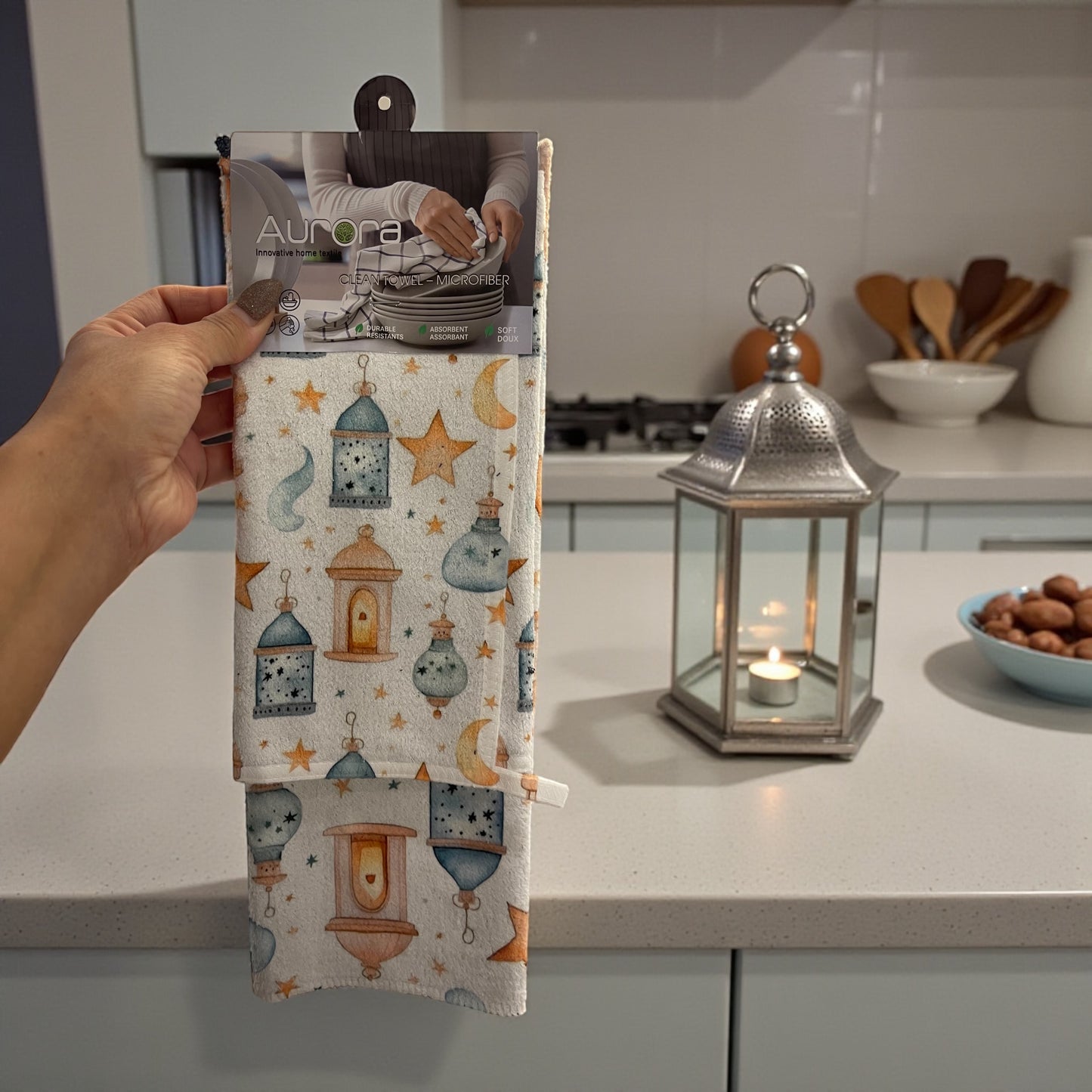 2Pcs Ramadan Kareem Microfiber Kitchen Towels – Festive Absorbent Dish Towels with Islamic Lantern & Crescent Prints