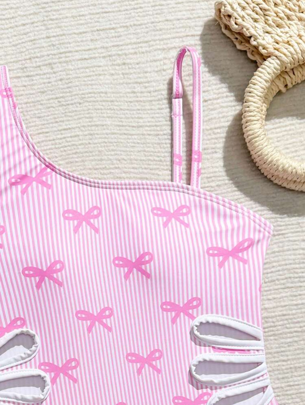 SHEIN Tween Girl Pink Striped Bow One-Piece Swimsuit And Mini Skirt Set