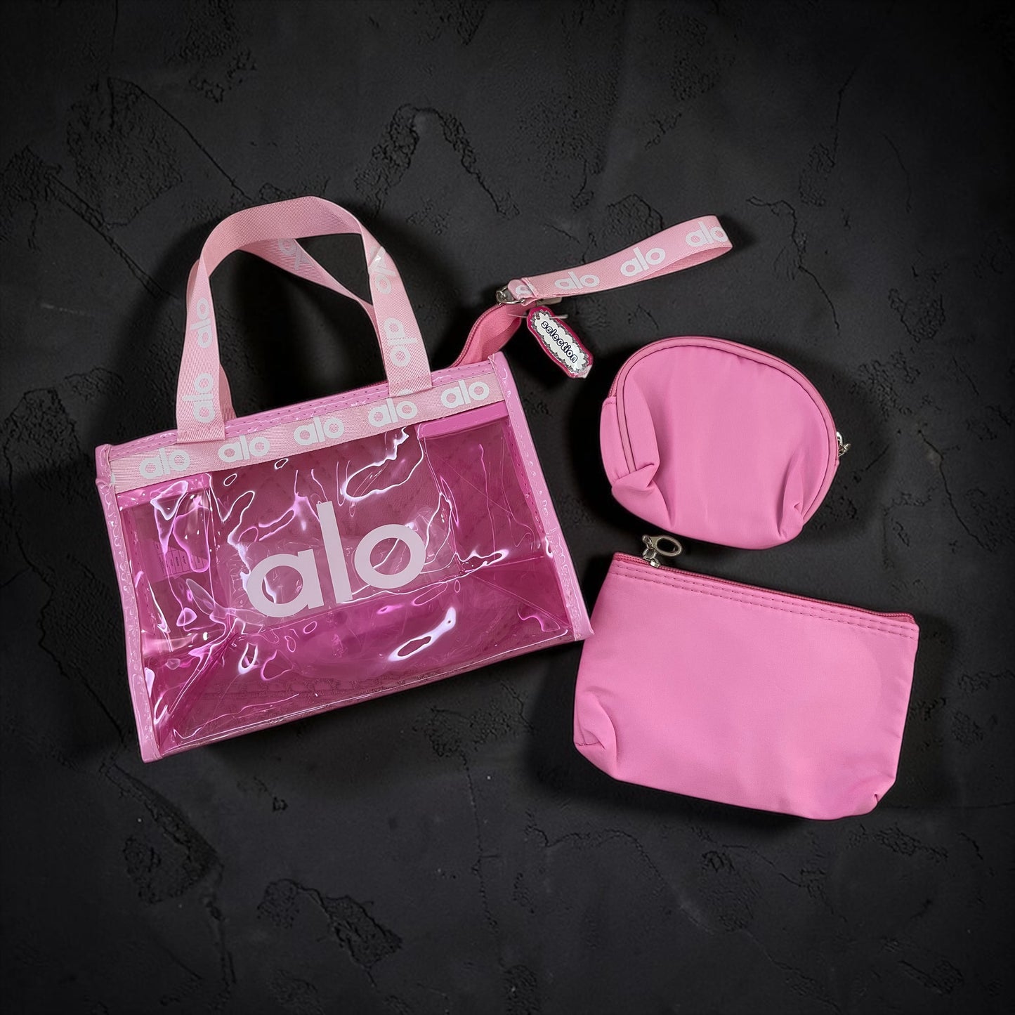 Alo Pink Transparent Tote Bag Set – Clear Handbag with 2 Mini Cosmetic Pouches