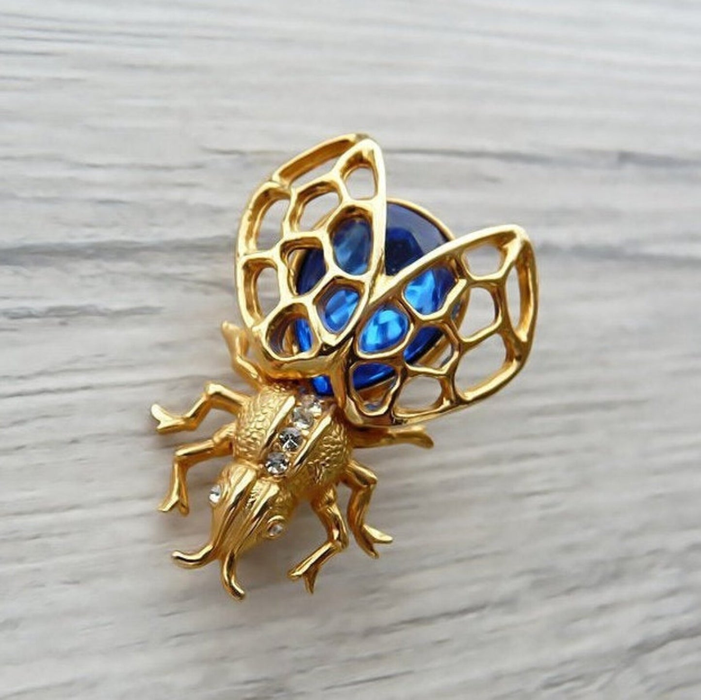 Vintage Art Deco Fly Brooch Gold Insect Pin Blue Crystal Costume Jewelry
