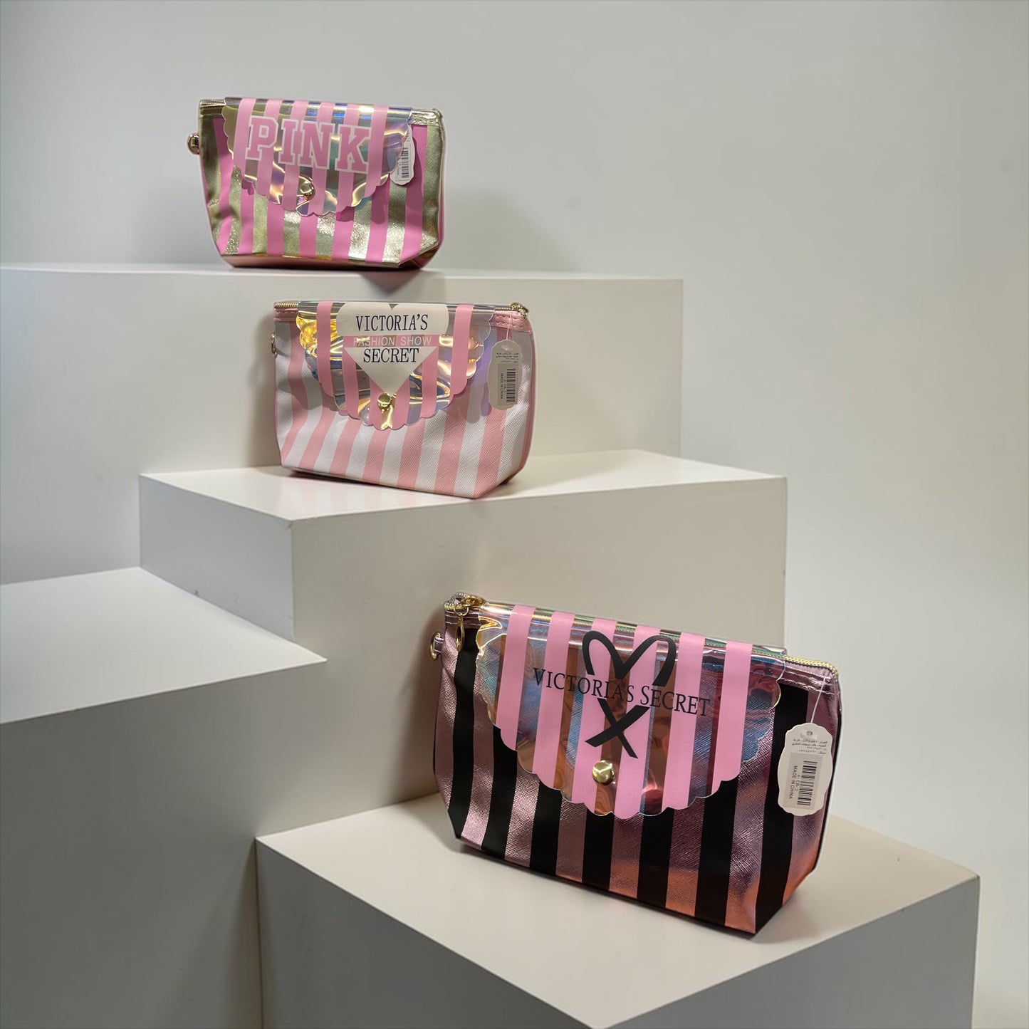 Victoria’s Secret Pink Striped Makeup Pouch – Cosmetic Bag with Zipper & Snap Flap, Travel Beauty Organizer