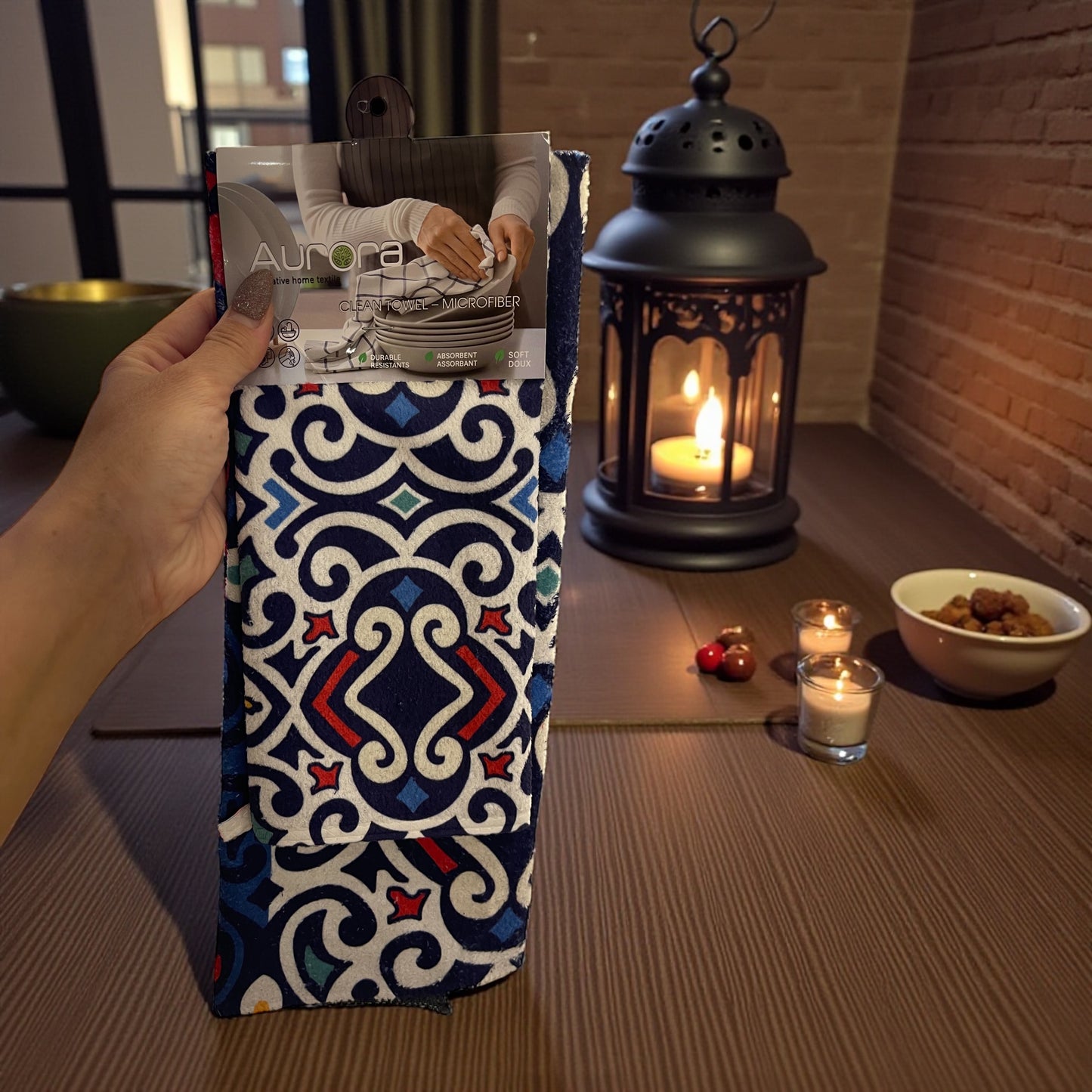 2Pcs Ramadan Kareem Microfiber Kitchen Towels – Festive Absorbent Dish Towels with Islamic Lantern & Crescent Prints