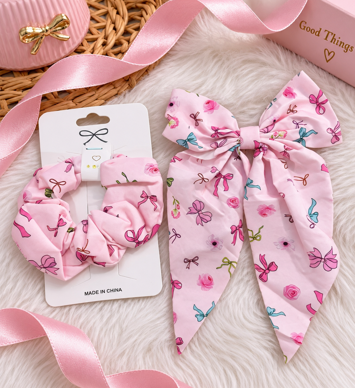 Girls’ Pink Bow Scrunchie & Long-Tail Hair Bow Set – Assorted Prints