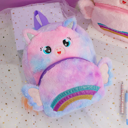 Pastel Unicorn Plush Backpack for Girls – Soft Furry Rainbow School Bag