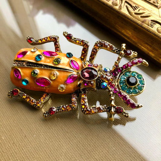Vintage Crystal Beetle Brooch – Colorful Statement Insect Pin