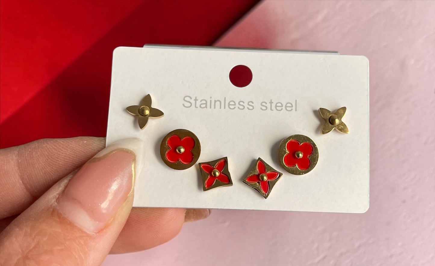 Elegant Stainless Steel Trending Red Mini Stud Earrings Set – Star & Heart Shapes