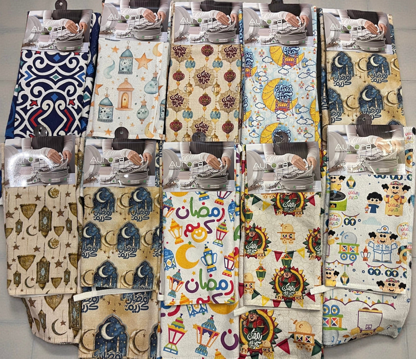 2Pcs Ramadan Kareem Microfiber Kitchen Towels – Festive Absorbent Dish Towels with Islamic Lantern & Crescent Prints