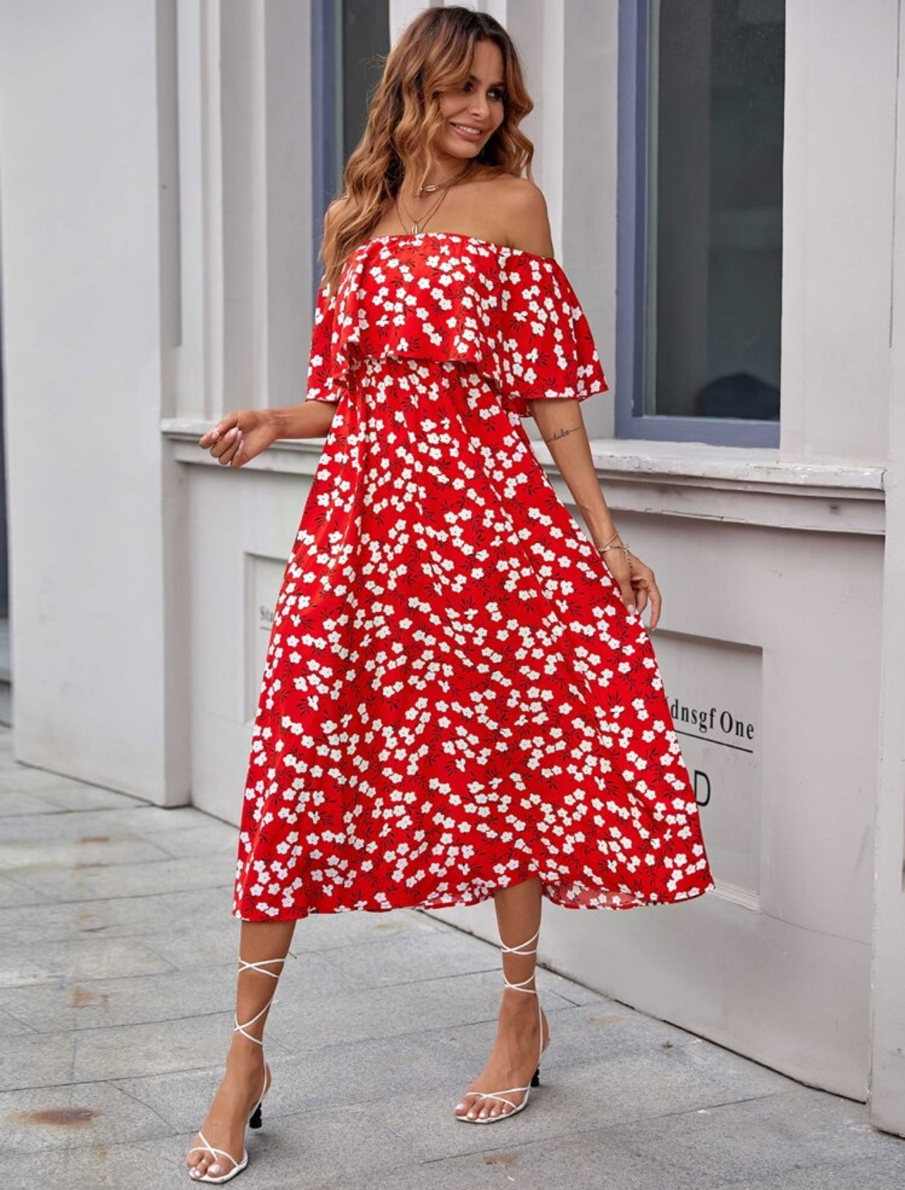 SHEIN Floral Print Ruffle Trim Bardot Summer Dress - M