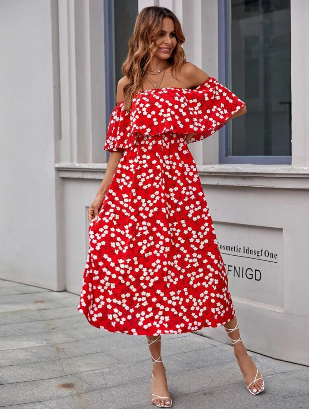 SHEIN Floral Print Ruffle Trim Bardot Summer Dress - M