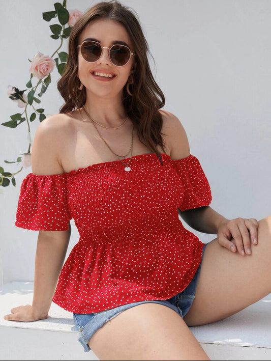 SHEIN Plus Off Shoulder Polka Dot Blouse - 0XL