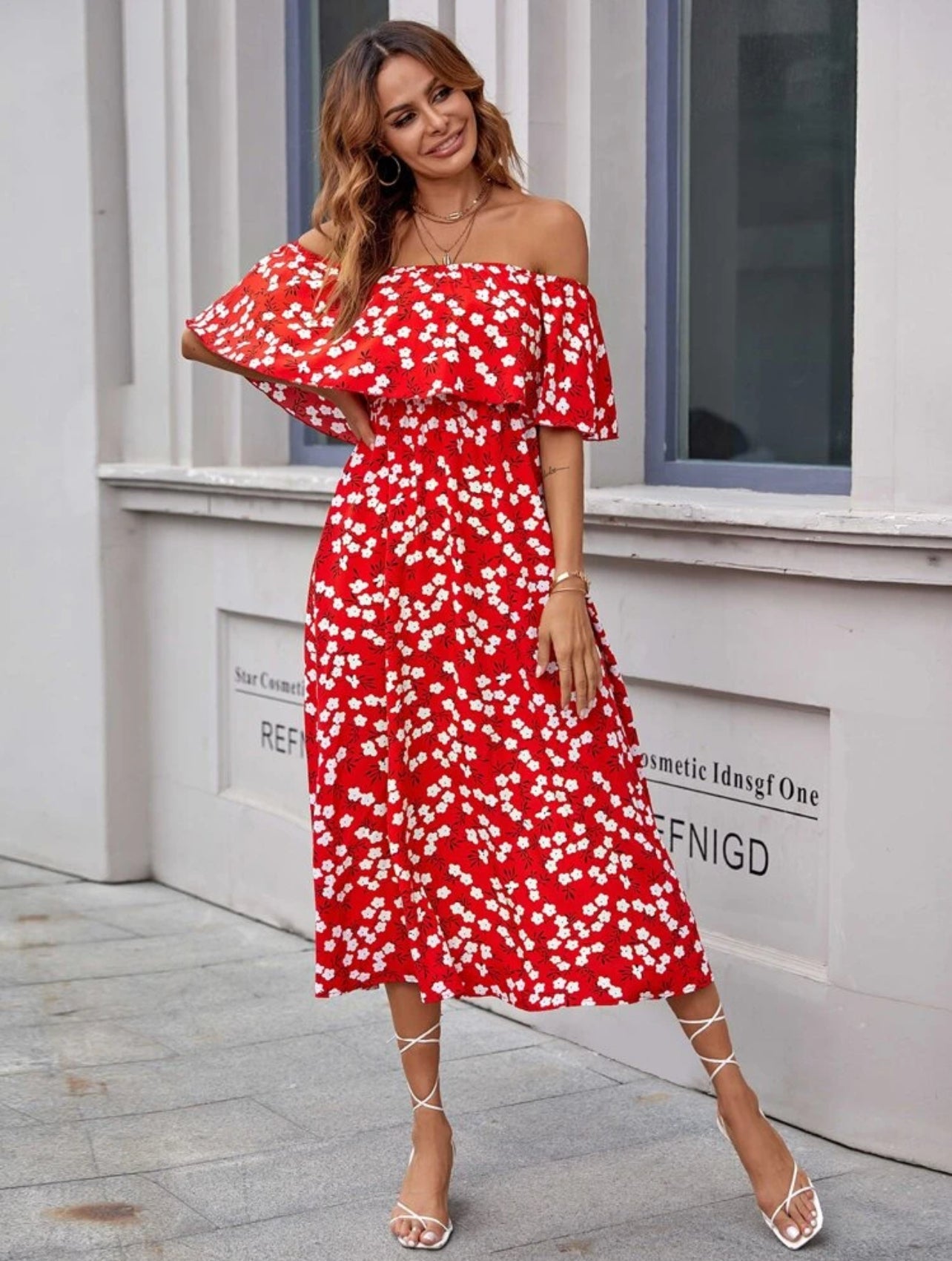 SHEIN Floral Print Ruffle Trim Bardot Summer Dress - M