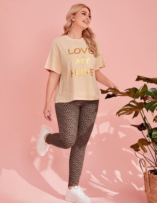 SHEIN Plus Slogan Graphic Tee & Leopard Leggings Set - 0XL
