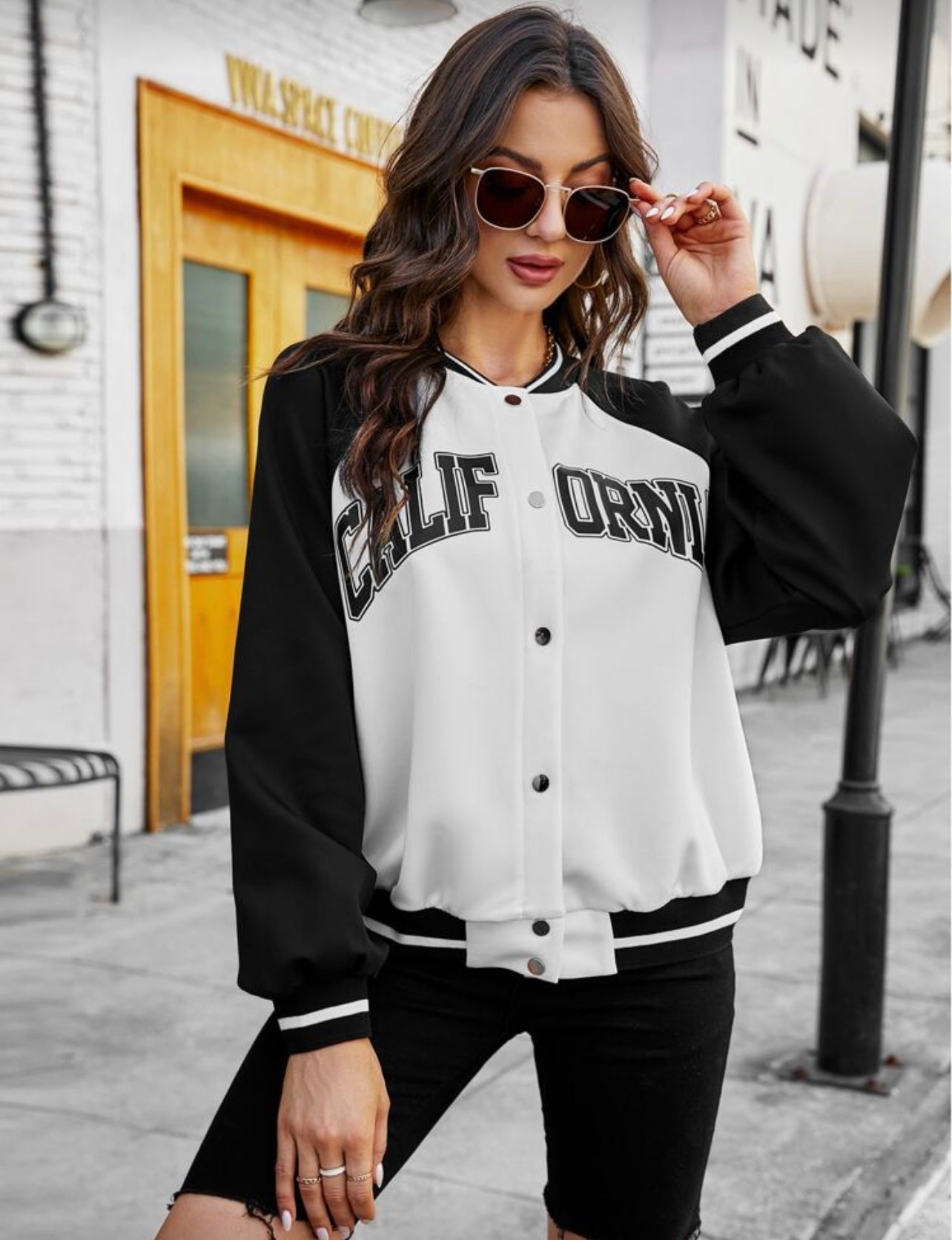 SHEIN EZwear Letter Graphic Striped Trim Colorblock Raglan Sleeve Varsity Jacket - M