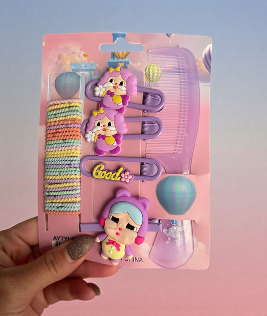 Cute CryingBaby Cartoon Hair Accessories Set for Girls – Clips, Elastic Bands & Mini Comb