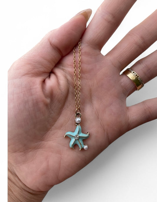 Blue Starfish Stainless Steel Necklace With Pearl Detail
