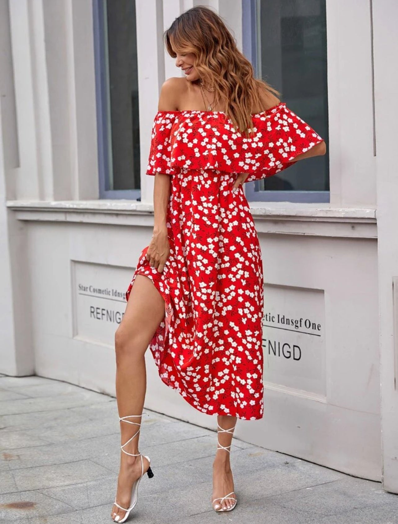 SHEIN Floral Print Ruffle Trim Bardot Summer Dress - M