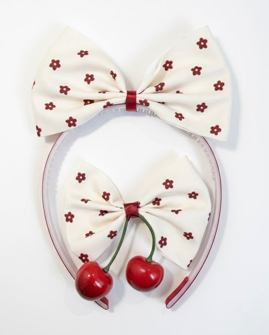 Cherry Bow Headband & Hair Clip Set – Cream & Red
