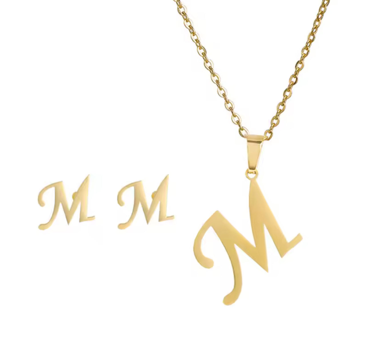 Fashion Stainless Steel Alphabet Initial Necklace 26 English Letter Earrings Necklace For Women Set Personalize Jewelry Gift
