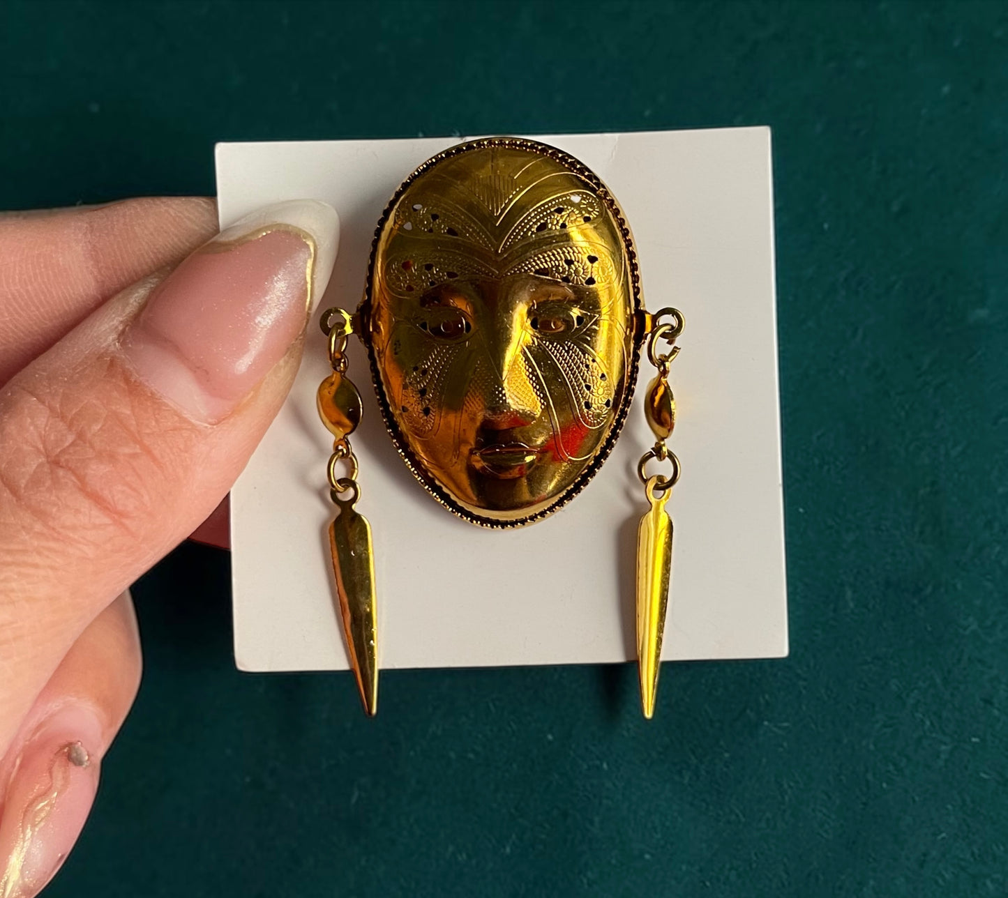 Vintage Tribal Mask Brooch – Gold Statement Face Pin