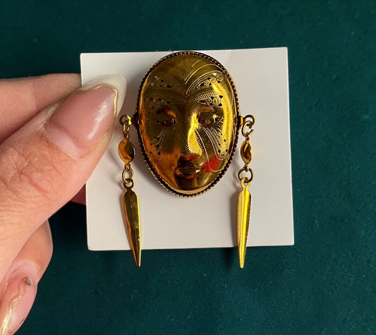 Vintage Tribal Mask Brooch – Gold Statement Face Pin