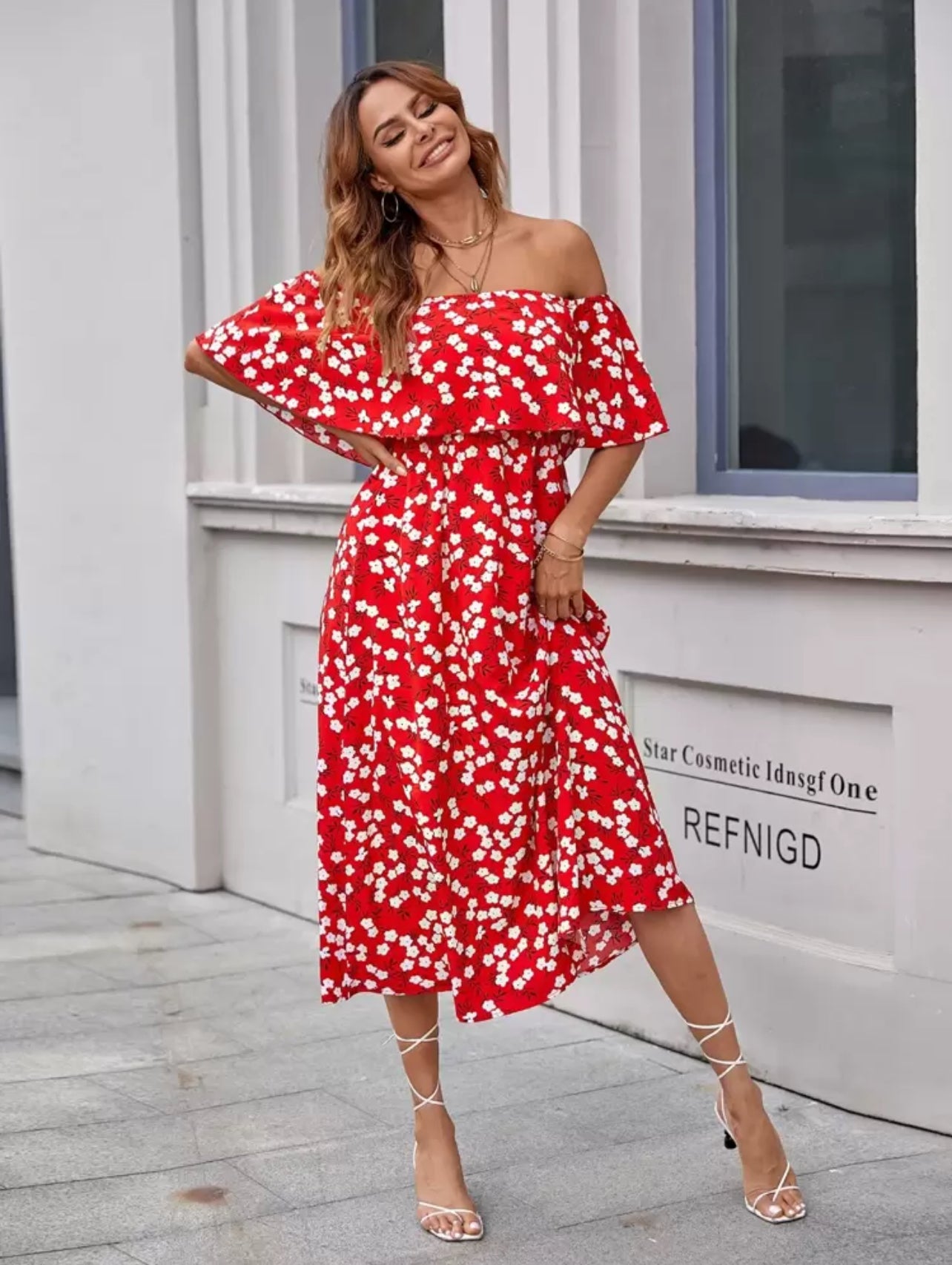 SHEIN Floral Print Ruffle Trim Bardot Summer Dress - M