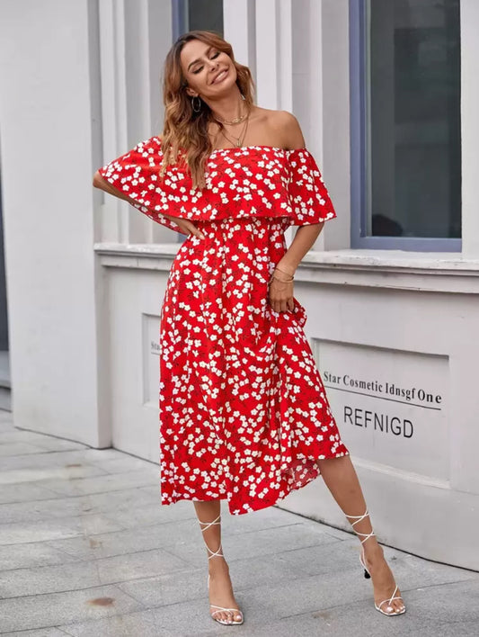 SHEIN Floral Print Ruffle Trim Bardot Summer Dress - M