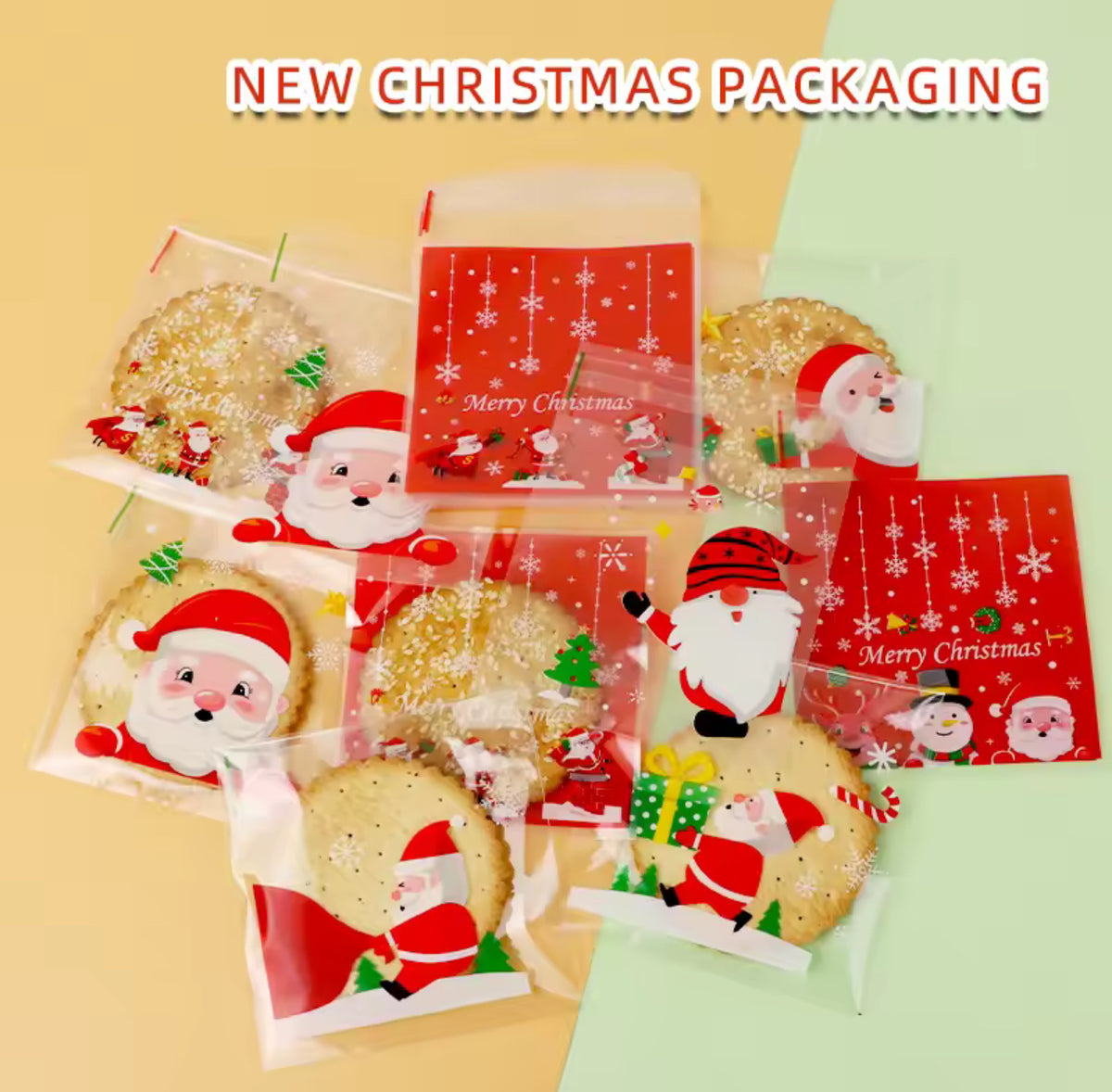 100Pcs Christmas Santa Claus self adhesive clear cookies bag
